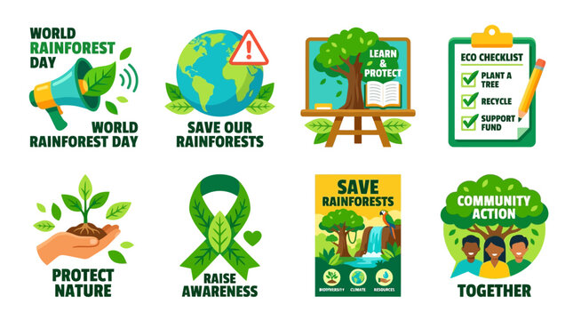 Vector set of World Rainforest Day icons featuring Earth, trees, and community actions to save rainforests and protect nature with awareness ribbons and eco-friendly symbols