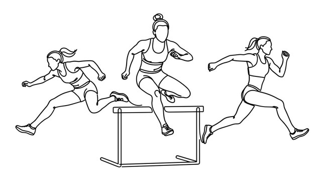Continuous line drawing of female athletes hurdling on track.