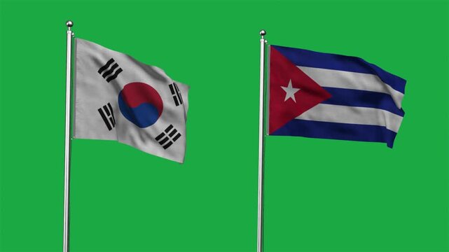 South Korea and Cuba Waving Flags, 3D Illustration.