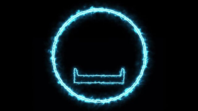 Neon blue download icon shrinking animation isolated on black background.