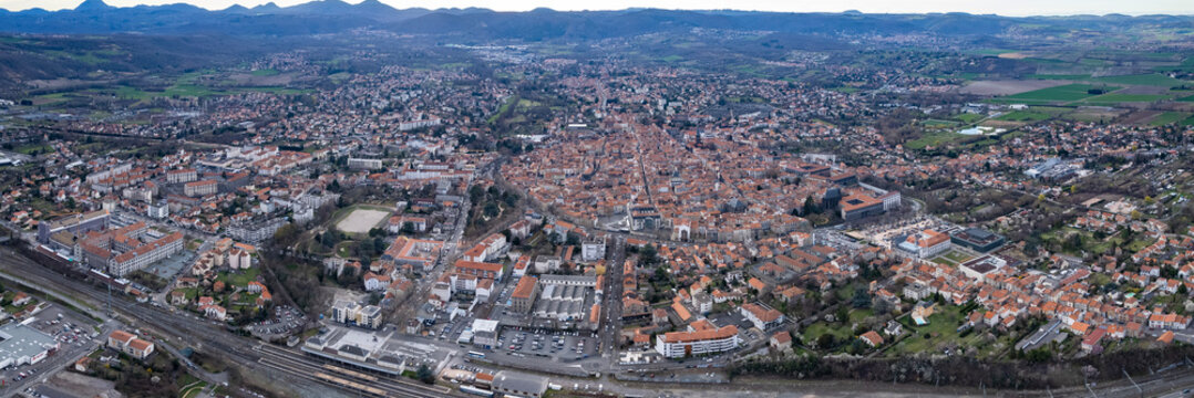 Aerial view of the old town of the city Riom in France. On a sunny autumn day.