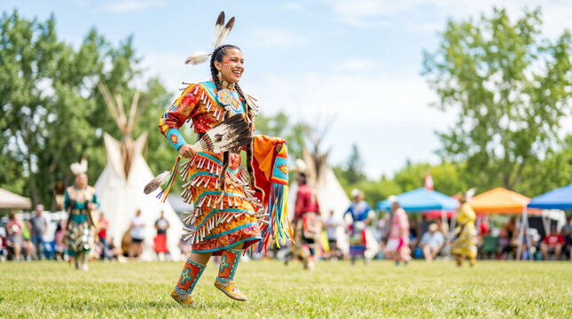 Indigenous woman dancing joyfully in traditional attire at Canada Day powwow celebration  
