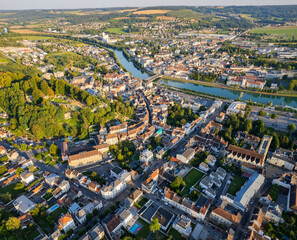 Fototapeta premium Aerial panoramic view above the old town around the city Château-Thierry in France on a sunny summer day. 