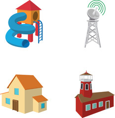 Obraz premium Set of various architectural assets and a communication tower, rendered in isometric style