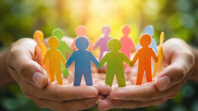 Colorful paper people standing in circle held by hands, inclusivity and team building concept for HR support, mutual help, community care, diversity, social connection and workplace unity