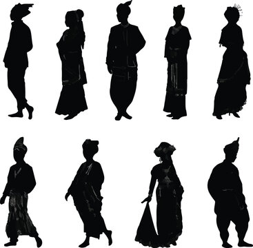 Detailed vector illustration featuring a collection of diverse black silhouettes representing traditional malay clothing worn by men and women together