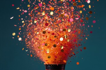 Obraz premium Confetti bursts from popper in explosion of pink orange gold sparkles. Festive airborne particles create joyful atmosphere for holidays, parties, and celebrations. Colorful fun.