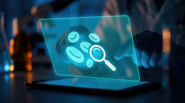 Medical Technology and Blood Analysis Concept: Holographic Digital Interface with Cyan Cell Icons and Blurred Doctor Hands