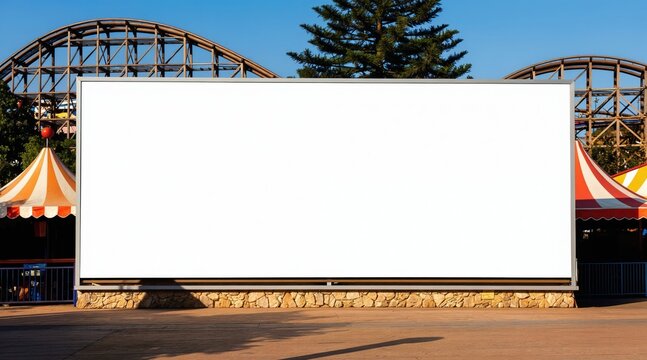 Large empty billboard at amusement park. Roller coaster structure and striped tents behind blank screen. Sunny day clear blue sky. Outdoor advertising space.
