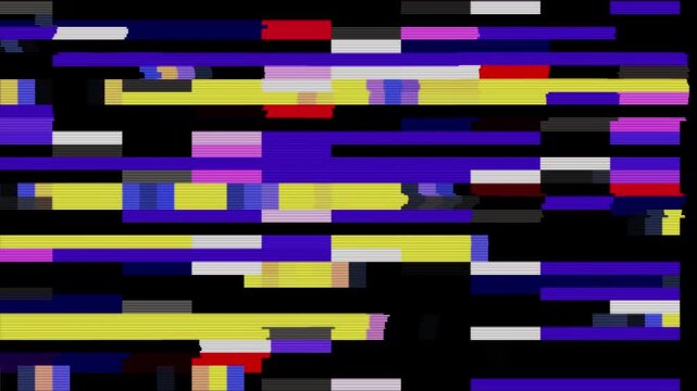 Dynamic glitch background with blue, yellow, and red lines. Digital signal artifacts. Ideal for video editing, social media posts, technology designs.