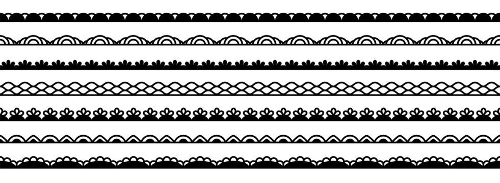 Seamless pattern with lace trim tapes. Borders set with crochet patterns for ribbons, blouse edges and ruffles. Horizontal seamless black stripes with lace pattern, vector illustration