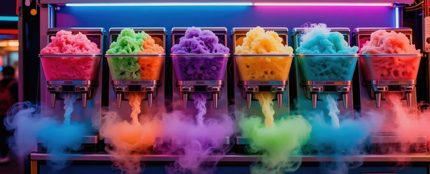 Row of slushie machines dispensing colorful frozen drinks. Bright neon lights illuminate ice desserts with swirling colored smoke clouds creating vibrant atmosphere. Refreshing summer treats served