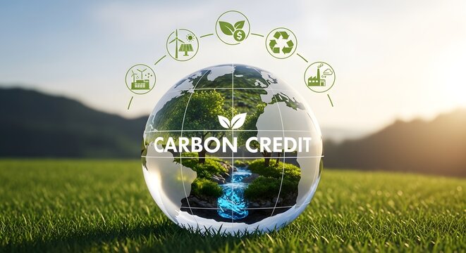 Carbon credit concept with earth globe and eco icons