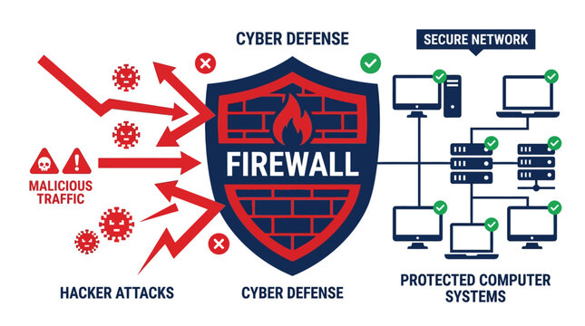 Cyber defense firewall protecting computer systems from malicious hacker attacks and viruses