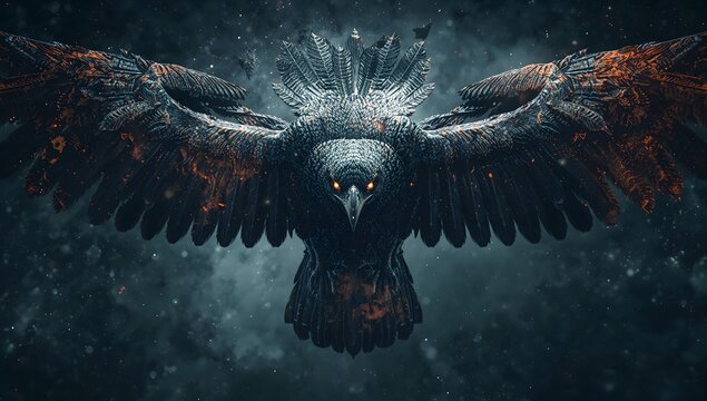 Majestic Black Eagle Flying Through a Starry Cosmic Universe