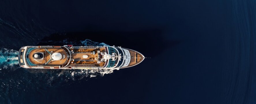 Aerial drone view of large cruise liner vessel sailing on deep blue sea water. This liner glides across calm ocean creating white foam wake. Ship sails on sunny day towards horizon.