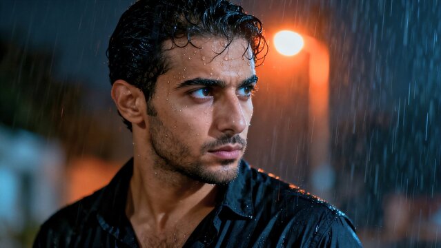 Intense young Egyptian man in wet rain drenched three quarter portrait with dramatic city street lighting.