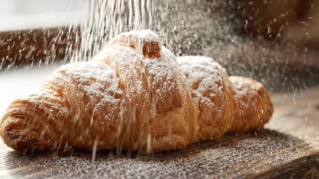 Delicious Golden Croissant Sprinkled with White Powdered Sugar on a Dark Wooden Board Freshly Baked Pastry for Breakfast or Dessert