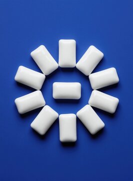 Rectangular white chewing gum pieces arranged in a circle on a blue background. One piece is in the center, forming a flower shape. Isolated close up of mint gum.