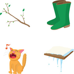 Fototapeta premium Icons representing the arrival of spring with new leaves, a singing cat, and melting snow with icicles