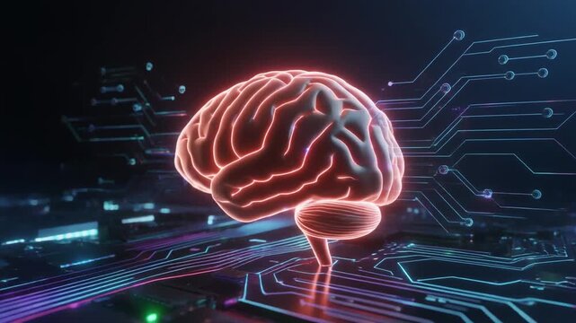 Glowing neon brain above circuit board, symbolizing artificial intelligence, cognition, and fusion of human thought with digital technology.