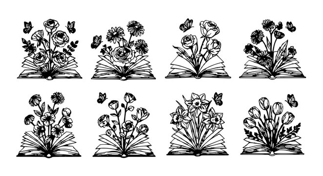 Open Books With Blooming Flowers and Flying Butterflies - Hand Drawn Sketch Style