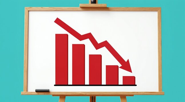 Whiteboard easel shows descending red bar graph with arrow pointing down. Illustrates economic downturn or business failure. Financial chart shows decline.