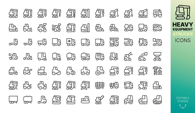 Heavy Equipment and Trucks Line Icons Set. Set of Special Equipment - Crawler Excavator, Bulldozer, Backhoe Loader, Grader, Dump Truck, Wheel Loader, Crane, Forklift, Road Construction Machines icon
