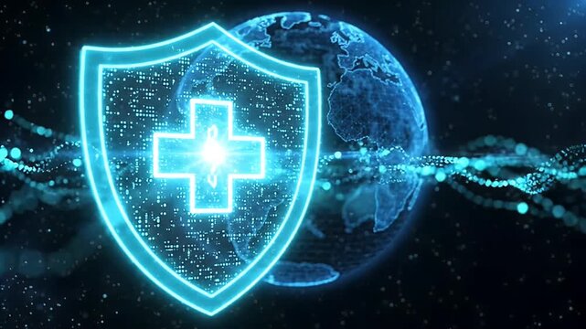 Abstract Global Healthcare Protection System with Glowing Blue Shield and Cross Symbol Over a Digital Earth Globe