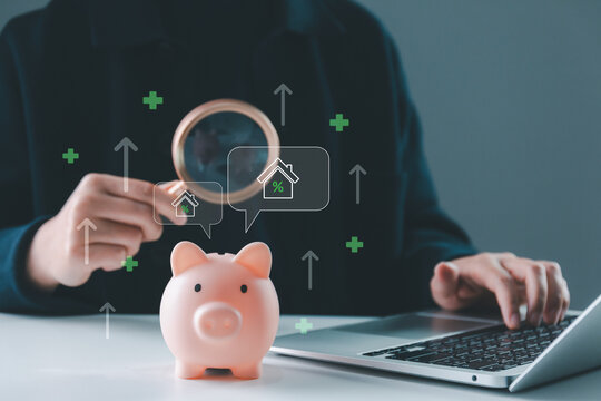 Savings and investment growth concept with piggy bank and magnifying glass analyzing financial data, representing wealth management, interest rates, home loan planning, and personal finance strategy.