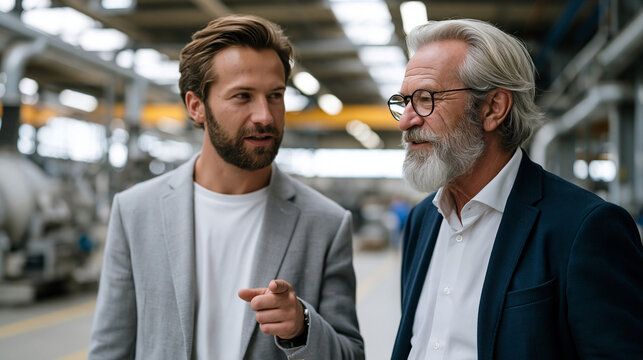 Eldest son of a family business dynasty walks the factory floor with his aging father pointing out operational details, succession planning in its most human form unfolding under harsh midday indust
