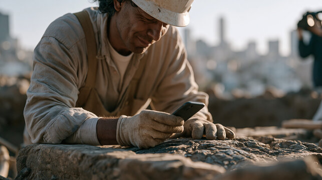 Aztec temple excavation team uncovering a carved obsidian offering cache beneath a stone platform in an urban archaeological zone, heritage official photographing the find with the city skyline visi