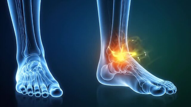 X Ray Scan Of Human Feet Showing Ankle Pain Against Blue Background Medical Illustration With Orange Glow Highlight