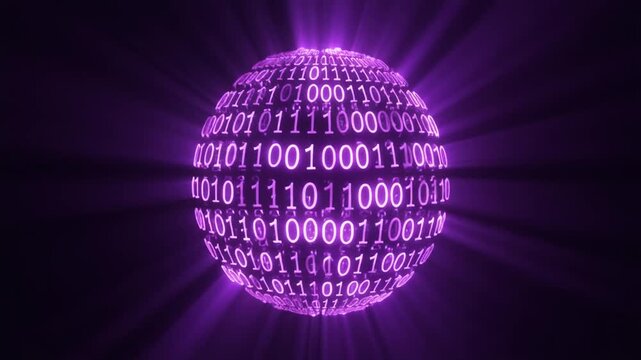 Glowing purple sphere of binary digits, symbolizing digital data, coding, and the foundation of modern information technology.