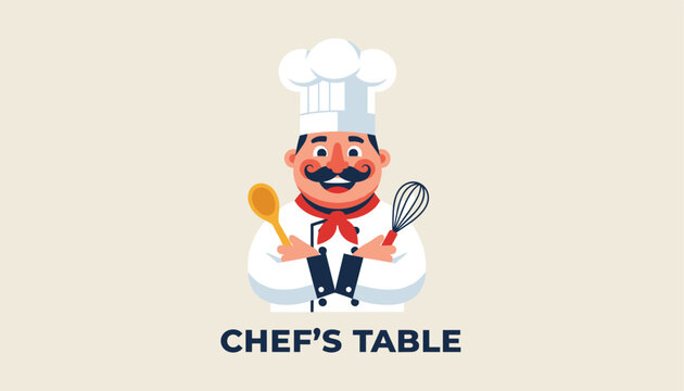 Chef character with a large mustache wearing a white hat and holding a wooden spoon and whisk under the text Chef's Table.