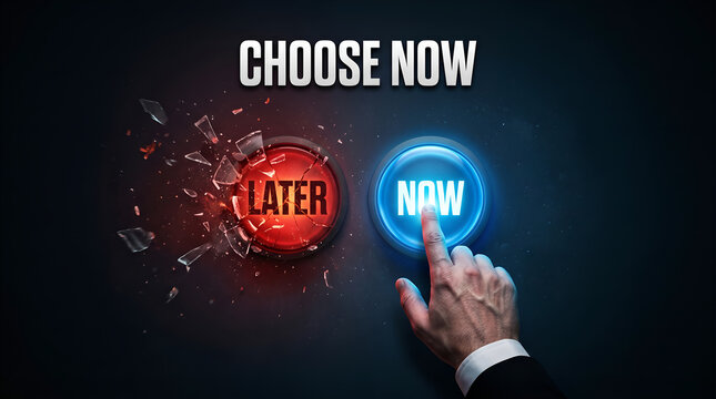 Businessman Hand Pressing Glowing Blue Now Button Over Exploding Red Later Button Concept