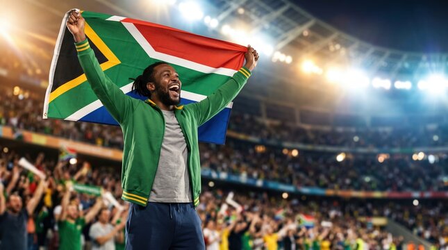 South African football fan celebrating with national flag in stadium