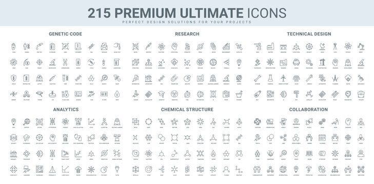 Analytics and data statistics, genetic and science model, lab research of scientist, molecular formula line icon set. Collaboration, predictive analysis thin black outline symbols vector illustration