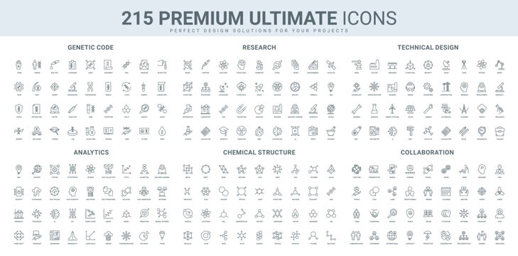Genetic code research, science, data analytics and neural networks, molecular structure line icon set. AI, technical design and engineering, collaboration thin black outline symbol vector illustration