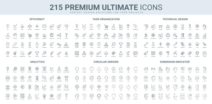 Efficiency of business solution and motivation for growth, data analytics result, arrows measure size line icon set. Engineering operation, task organization thin black outline vector illustration