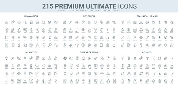 Analytic and statistic, space research, digital solution and model, engineering line icon set. AI services, data blocks, microchips for innovation thin black outline symbols vector illustration