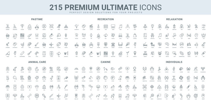 Hobby and sport for vacation, pet care and veterinary kit, individual and group line icon set. Relax and stress support, painting and reading, singing thin black outline symbols vector illustration