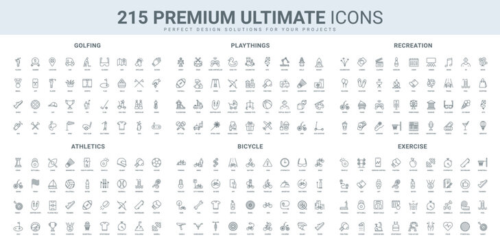 Golfing game, bicycle, recreation activity and leisure, sport exercise line icon set. Athlete and golf player, champion and tournament, toys for child thin black outline symbols vector illustration