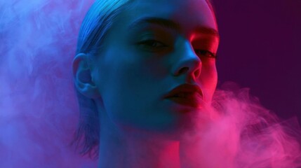 Fototapeta premium Close-up portrait of a young woman's face. she has blonde hair and is looking off to the side with a serious expression. the background is a gradient of pink and blue, with a hint of purple.