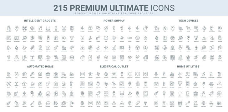 Tech gadget in smart home support, device electricians, power supply line icon set. Socket and plug types, electrical appliances, machine learning thin black outline symbols vector illustration