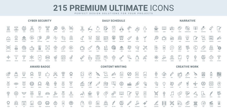 Cyber security protection and data encryption, artist tools to create content, award line icon set. Network privacy, medal and trophy, podium for winner thin black outline symbols vector illustration