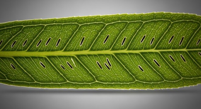Close up of a green leaf showing detailed venation against a gray background