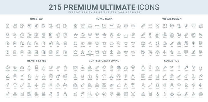 Crown and luxury award, digital visual design, cosmetics and fitness, yoga and sleep line icon set. Skin and body beauty care, urban modern lifestyle thin black outline symbols vector illustration