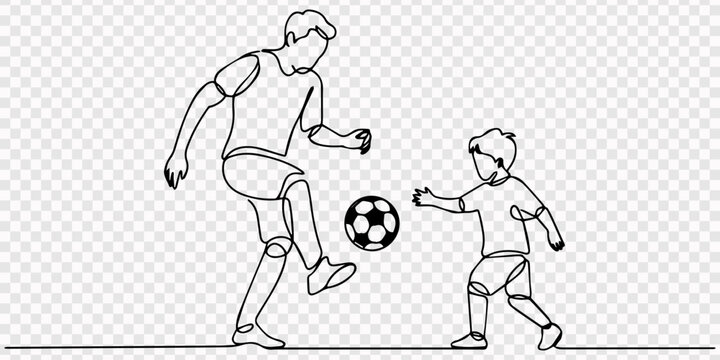 Father and son playing soccer together with a ball as a continuous single line drawing Vector, illustration,. transparent background One continuous line drawing young dad playing football soccer with.