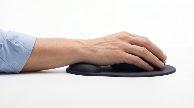 Close-up of a right hand and mouse on a wrist rest for computer use